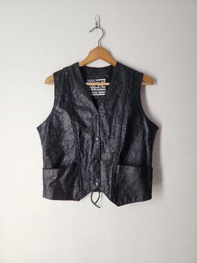 Extreme Biker black lather vest Women's XL snap front braded trim lace-up back